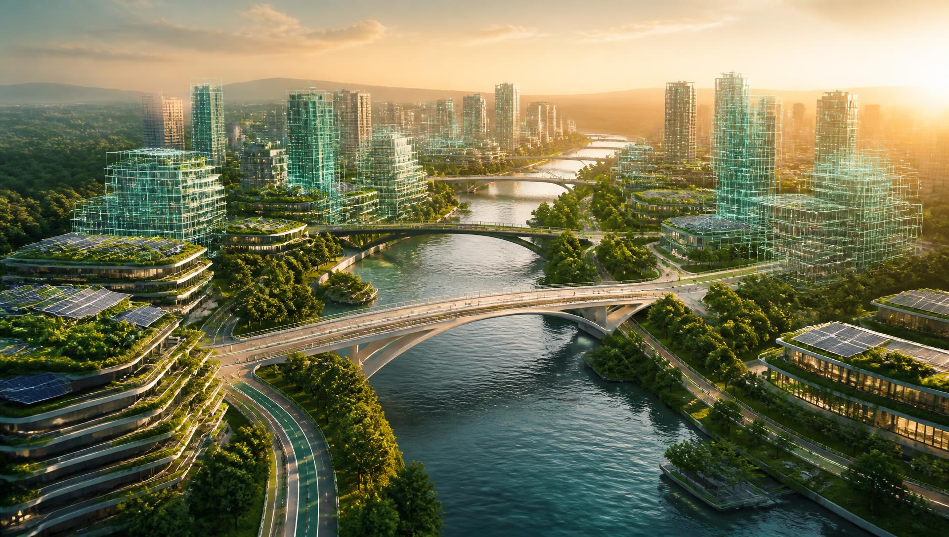Cidade com gêmeo digital, pontes e infraestrutura ao entardecer
